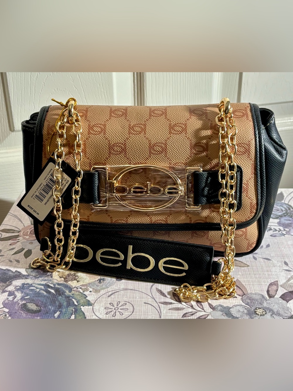 bebe Beige & Black Monogram Bag Shoulder or Crossbody with Gold Hardware - Picture 5 of 8
